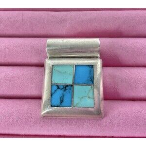 Vtg 925 Sterling Turquoise Inlay Pendant -Lots Of Silver-Heavy 27g Southwestern